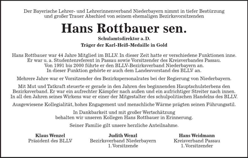 Traueranzeige Hans sen. Rottbauer
