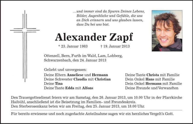 Traueranzeige Alexander Zapf