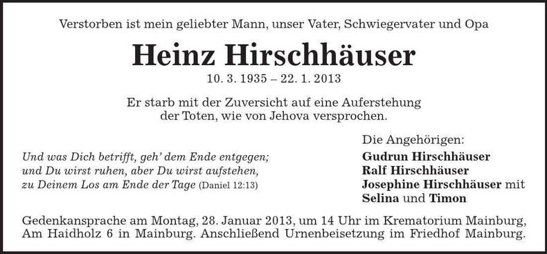 Traueranzeige Heinz Hirschhäuser