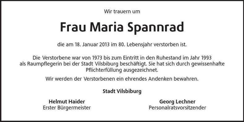 Traueranzeige Maria Spannrad