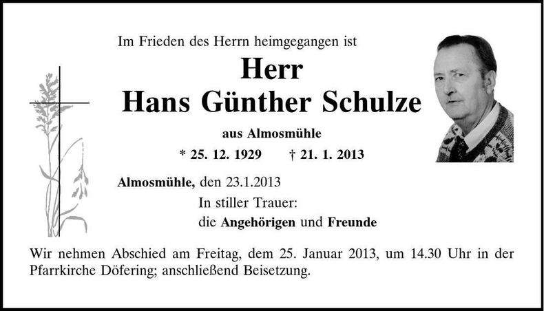 Traueranzeige Hans Günther Schulze