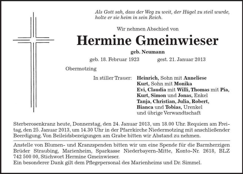 Traueranzeige Hermine Gmeinwieser