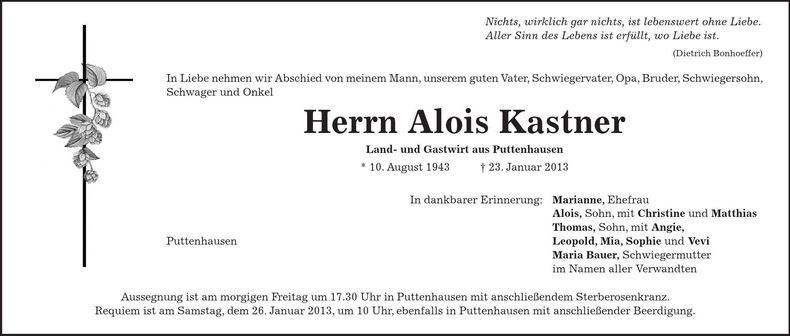 Traueranzeige Alois Kastner