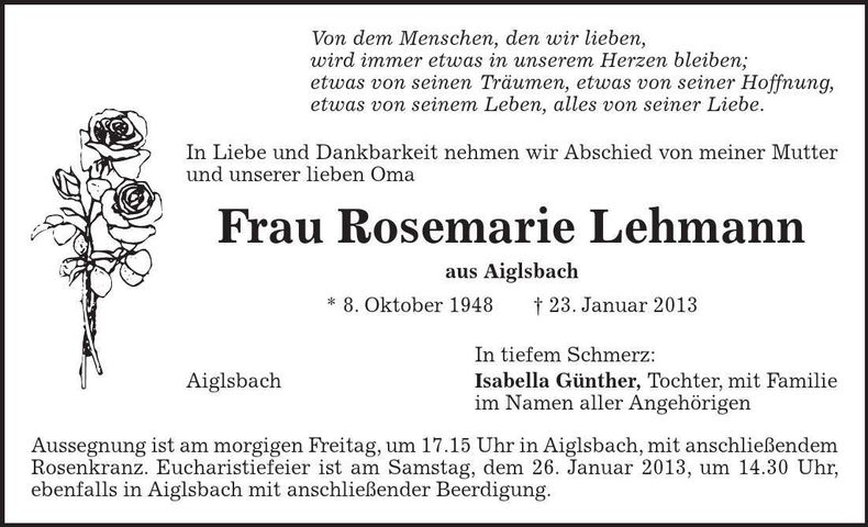 Traueranzeige Rosemarie Lehmann