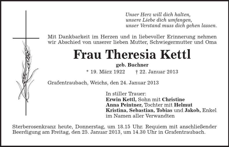 Traueranzeige Theresia Kettl