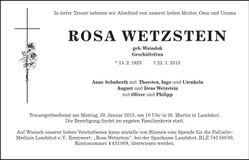 Traueranzeige Rosa Wetzstein