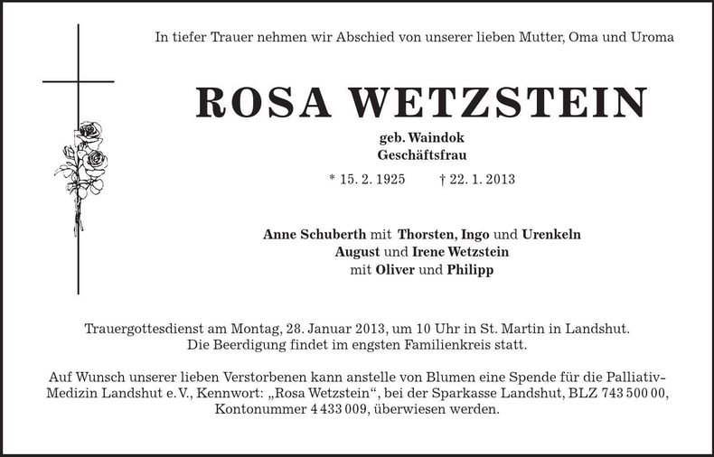 Traueranzeige Rosa Wetzstein