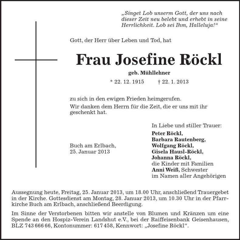 Traueranzeige Josefine Röckl