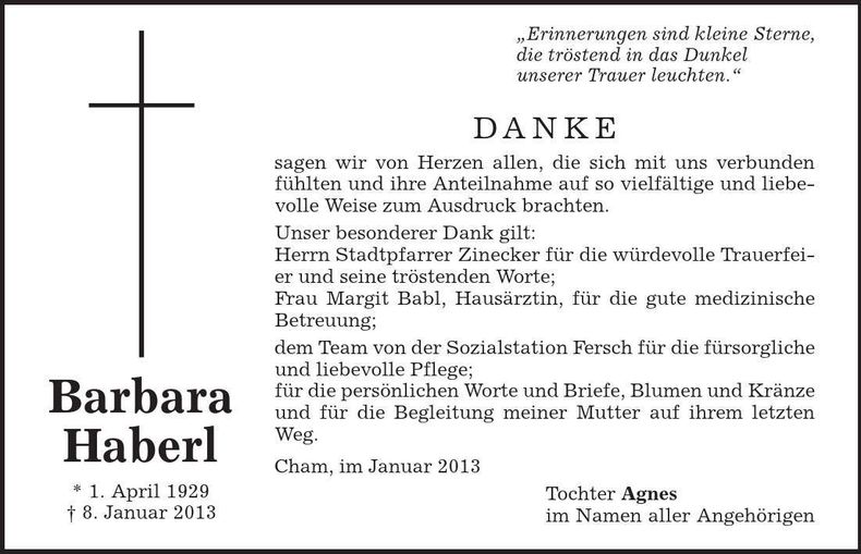 Traueranzeige Barbara Haberl
