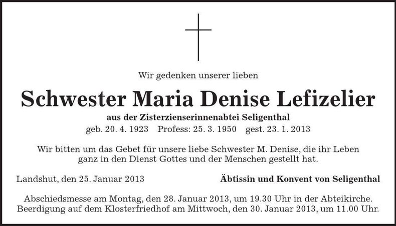 Traueranzeige Maria Denise Lefizelier