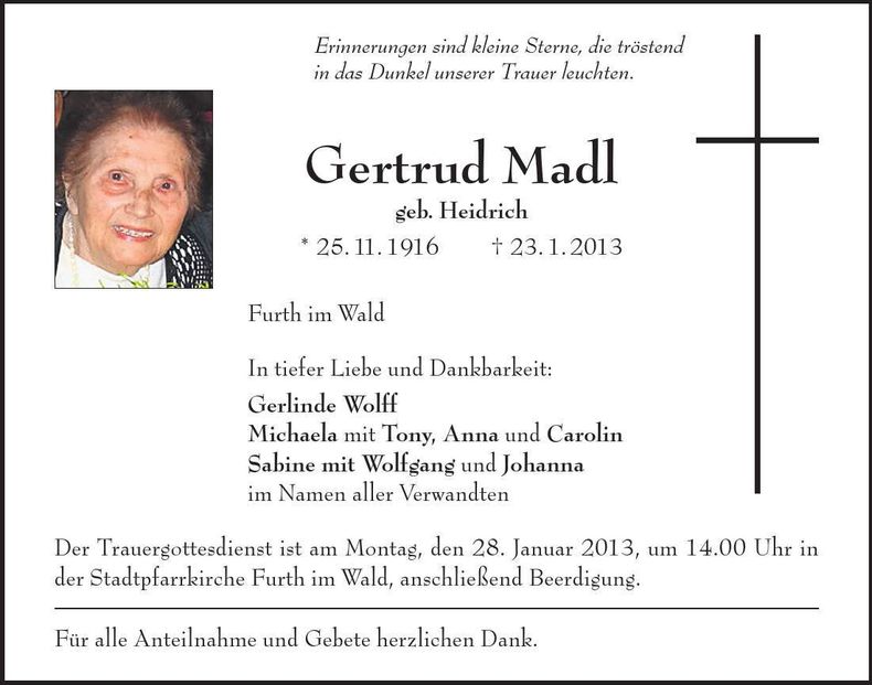 Traueranzeige Gertrud Madl