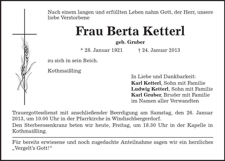 Traueranzeige Berta Ketterl
