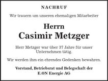 Traueranzeige Casimir Metzger