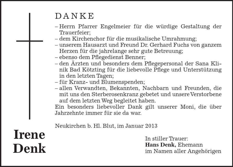 Traueranzeige Irene Denk