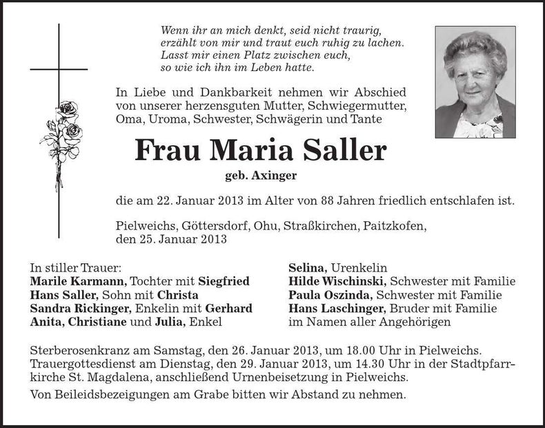 Traueranzeige Maria Saller