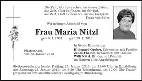 Traueranzeige Maria Nitzl