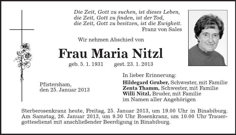 Traueranzeige Maria Nitzl