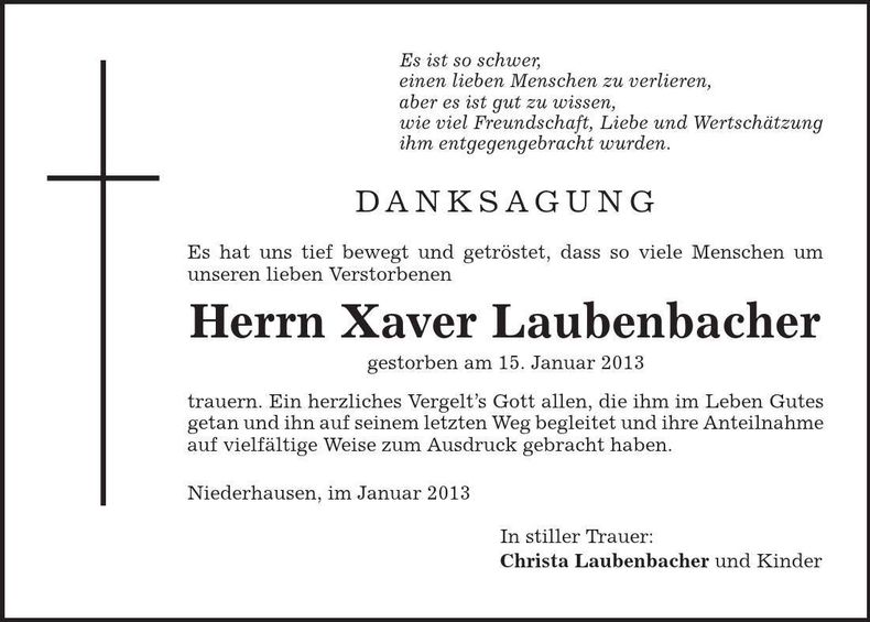 Traueranzeige Xaver Laubenbacher