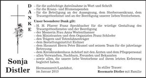 Traueranzeige Sonja Distler