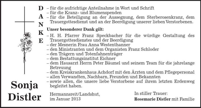 Traueranzeige Sonja Distler