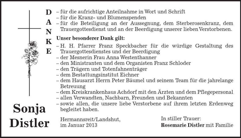 Traueranzeige Sonja Distler