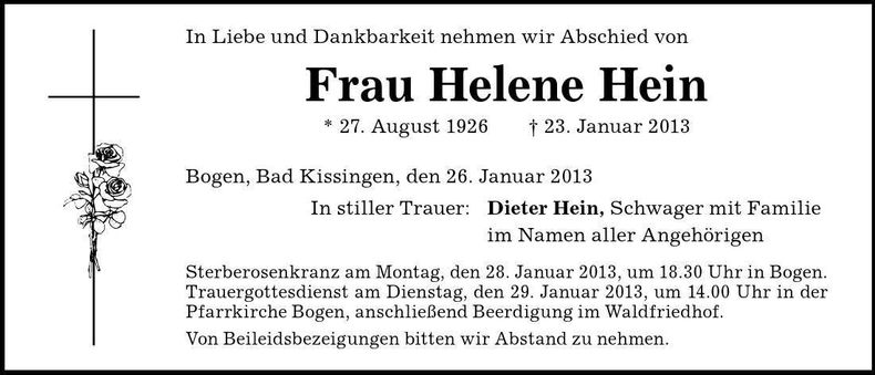 Traueranzeige Helene Hein