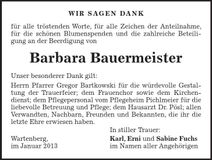 Traueranzeige Barbara Bauermeister