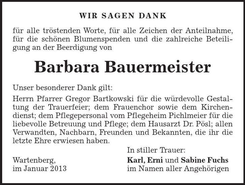 Traueranzeige Barbara Bauermeister