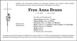 Traueranzeige Anna Braun