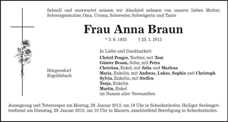 Traueranzeige Anna Braun
