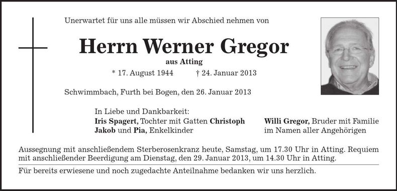 Traueranzeige Werner Gregor
