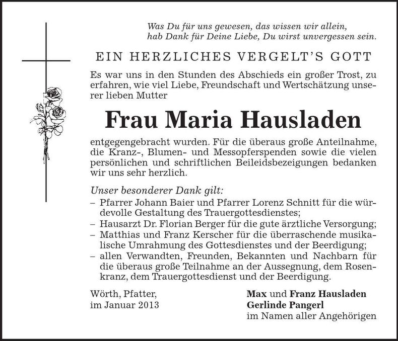 Traueranzeige Maria Hausladen