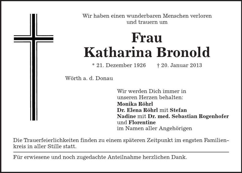 Traueranzeige Katharina Bronold