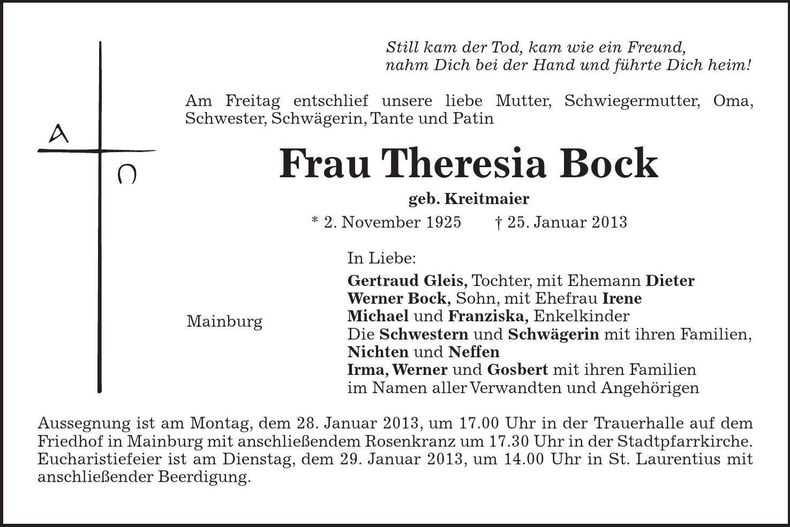 Traueranzeige Theresia Bock