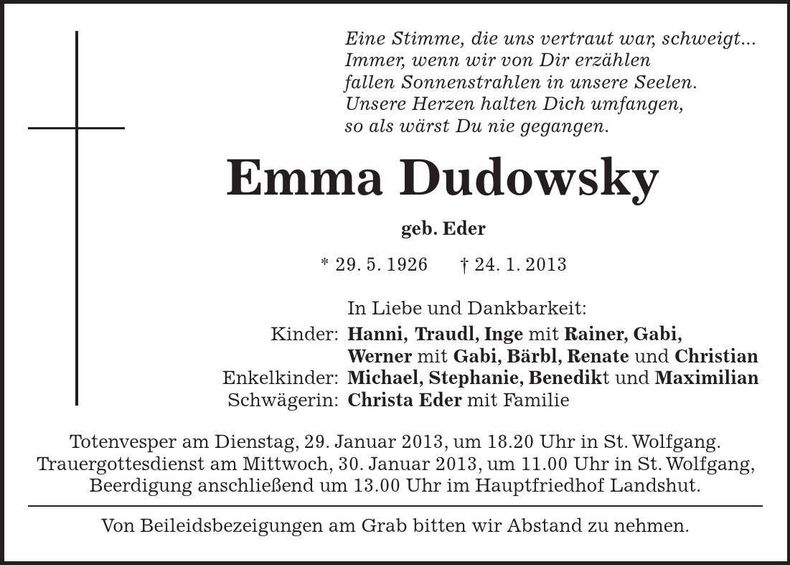 Traueranzeige Emma Dudowsky