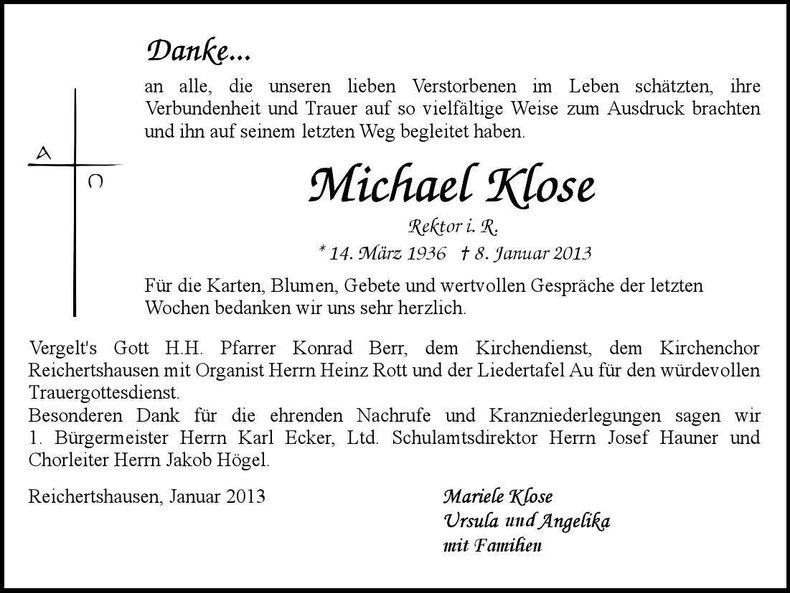 Traueranzeige Michael Klose