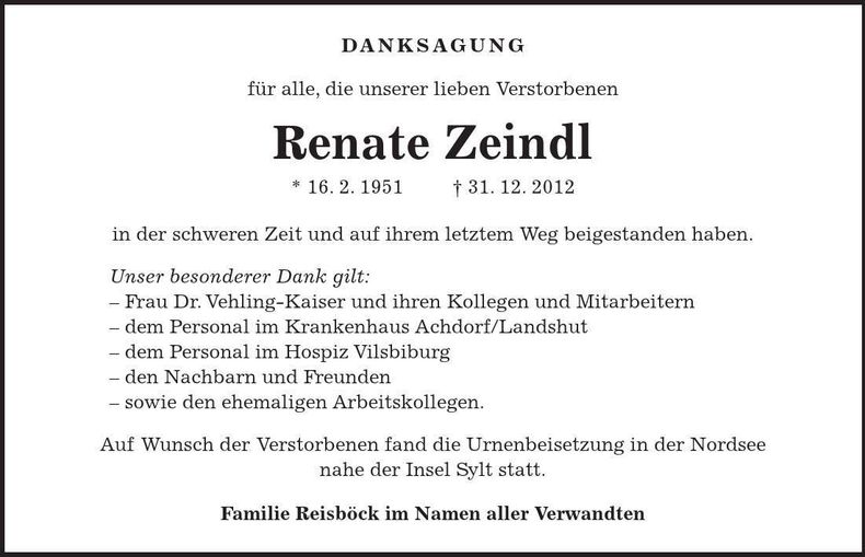 Traueranzeige Renate Zeindl