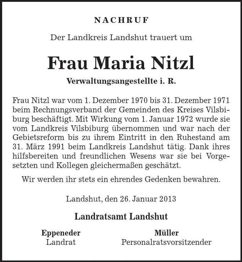 Traueranzeige Maria Nitzl