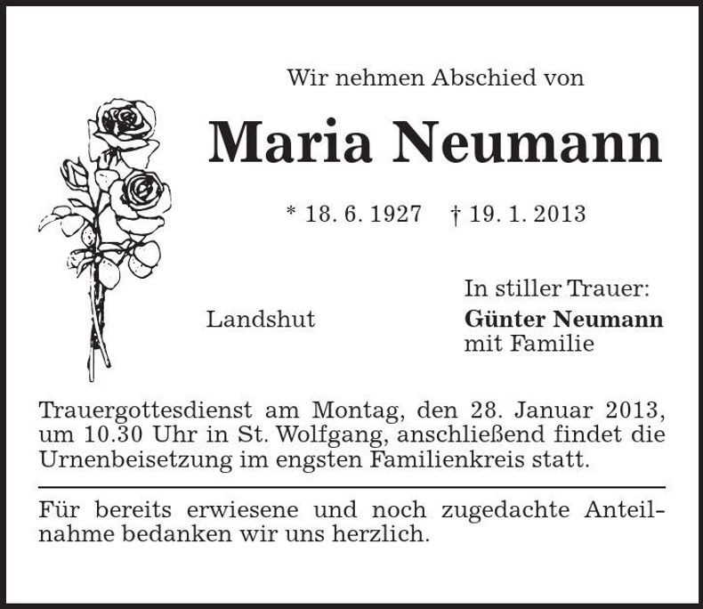 Traueranzeige Maria Neumann