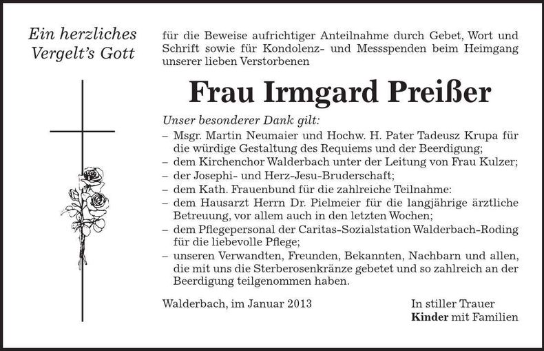 Traueranzeige Irmgard Preißer