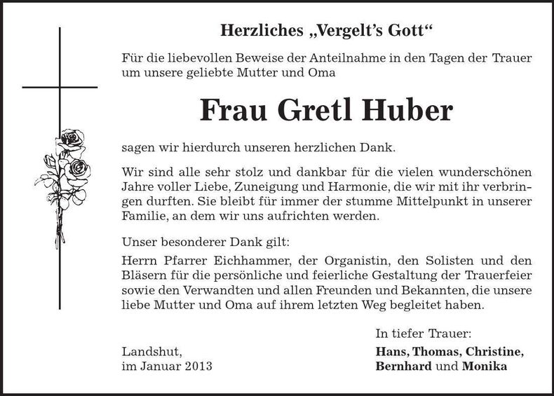 Traueranzeige Gretl Huber
