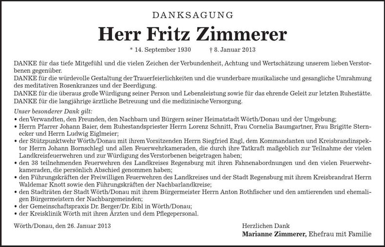 Traueranzeige Fritz Zimmerer