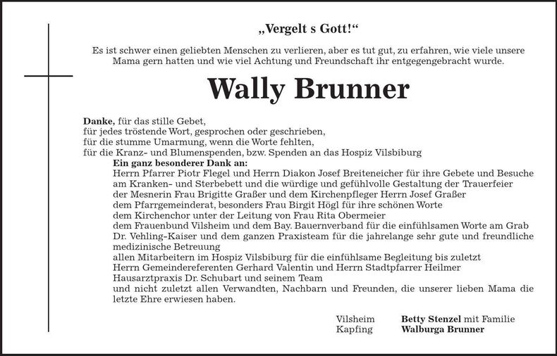 Traueranzeige Wally Brunner