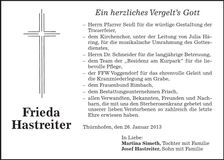 Traueranzeige Frieda Hastreiter