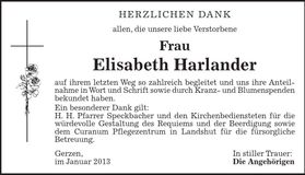 Traueranzeige Elisabeth Harlander