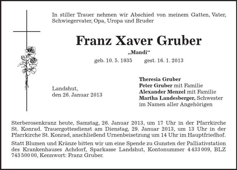 Traueranzeige Franz Xaver Gruber