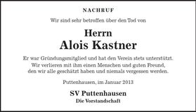 Traueranzeige Alois Kastner