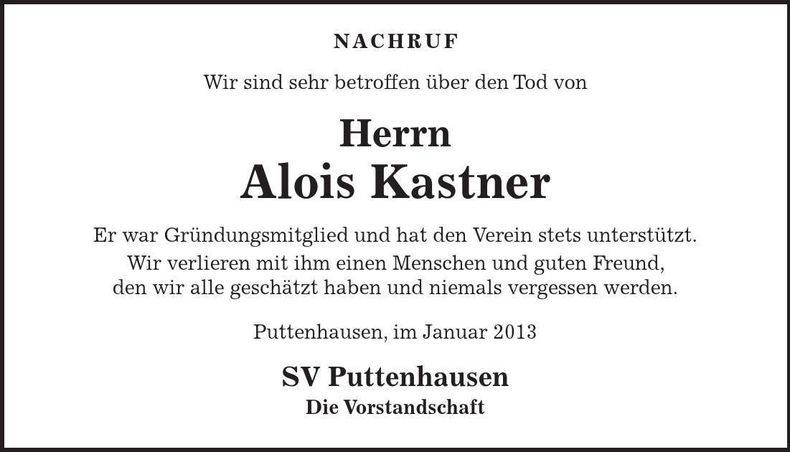 Traueranzeige Alois Kastner