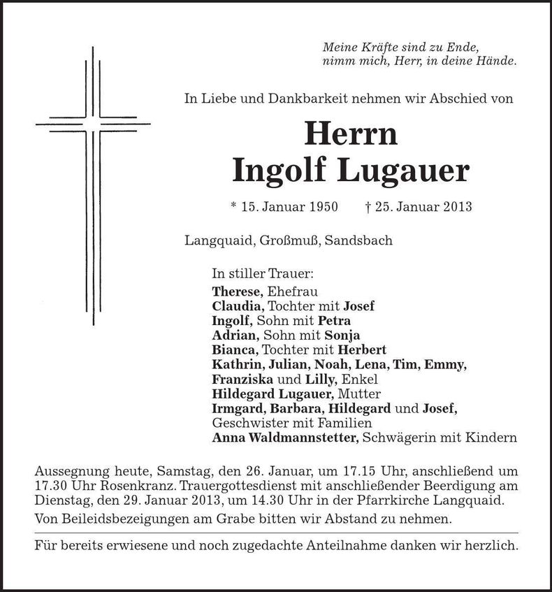 Traueranzeige Ingolf Lugauer