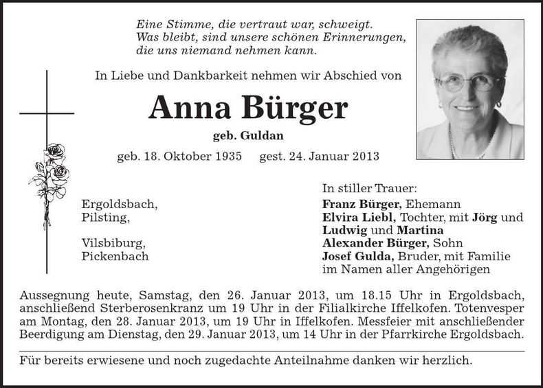 Traueranzeige Anna Bürger